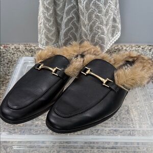 ASOS Black Loafers with Tan Fur and Gold Buckle